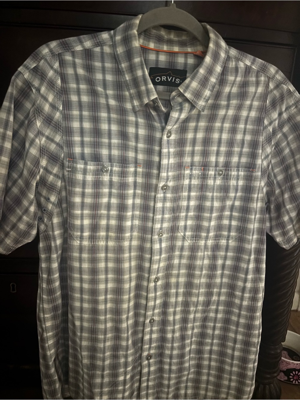 Orvis Men's Gray and White Plaid Short-Sleeve Button-Down Shirt